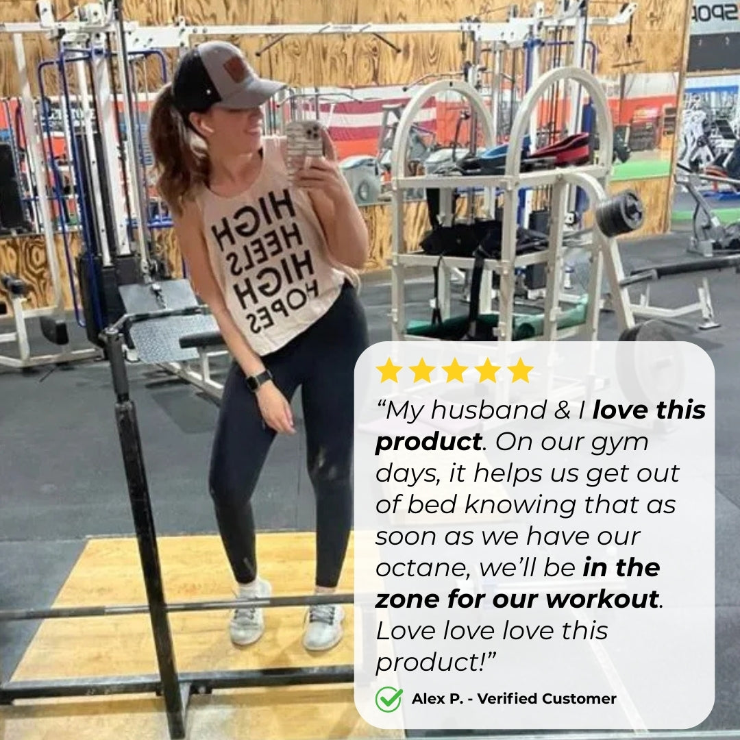 A person in a gym wearing a tank top and leggings, standing in front of workout equipment with a positive customer review overlay.