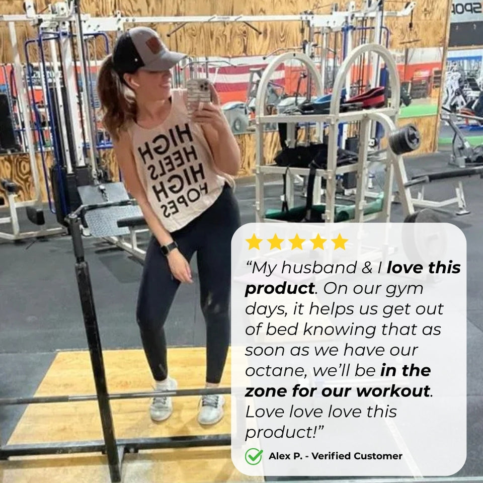 A person in a gym wearing a tank top and leggings, standing in front of workout equipment with a positive customer review overlay.
