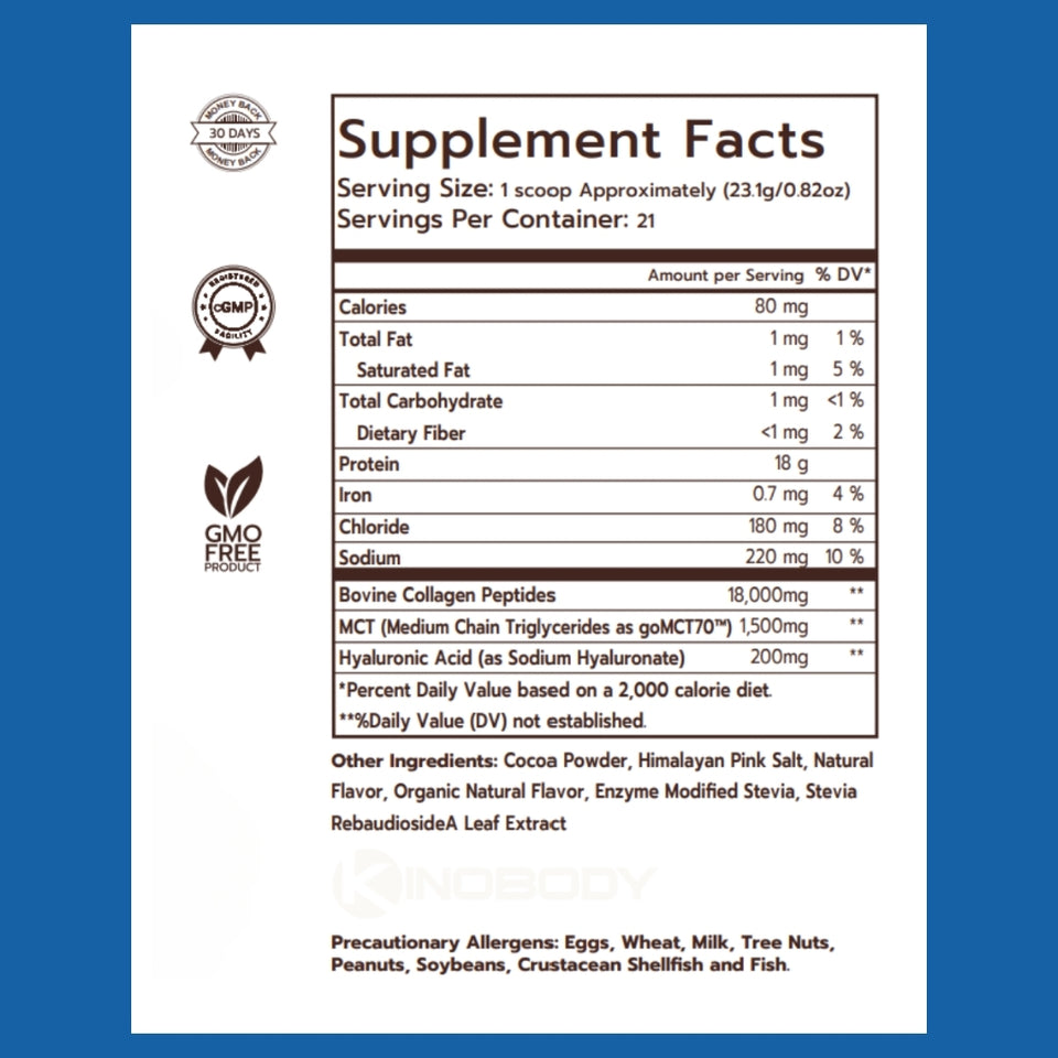 Supplement facts label for a Kino Collagen with nutrition information.