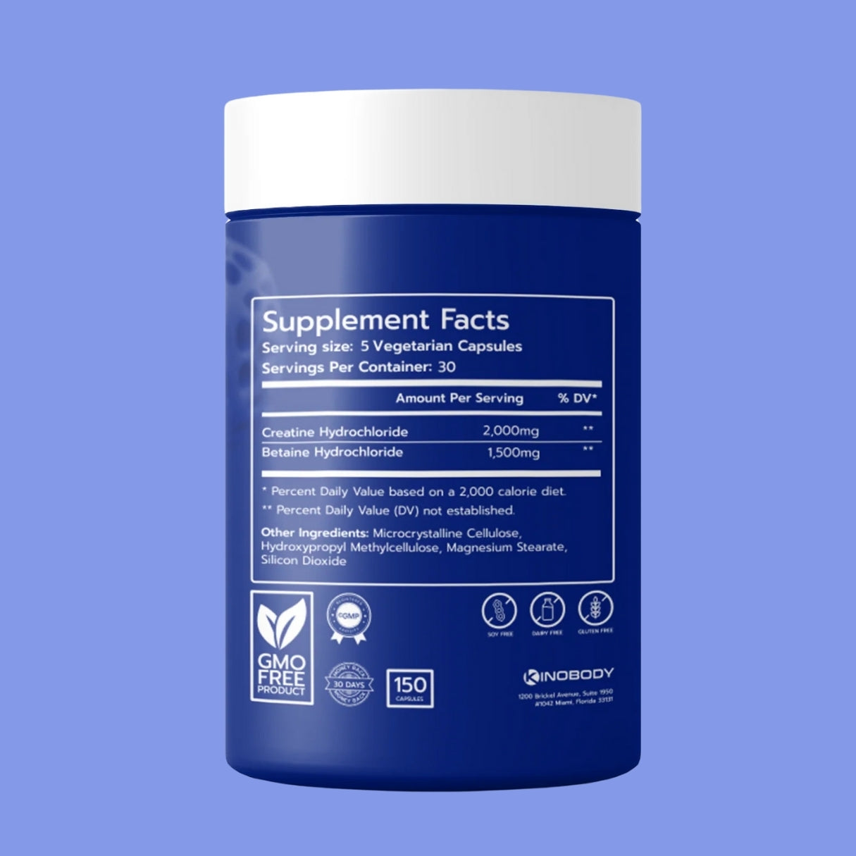 Nutritional supplement container with ingredient details and serving size on a blue background.