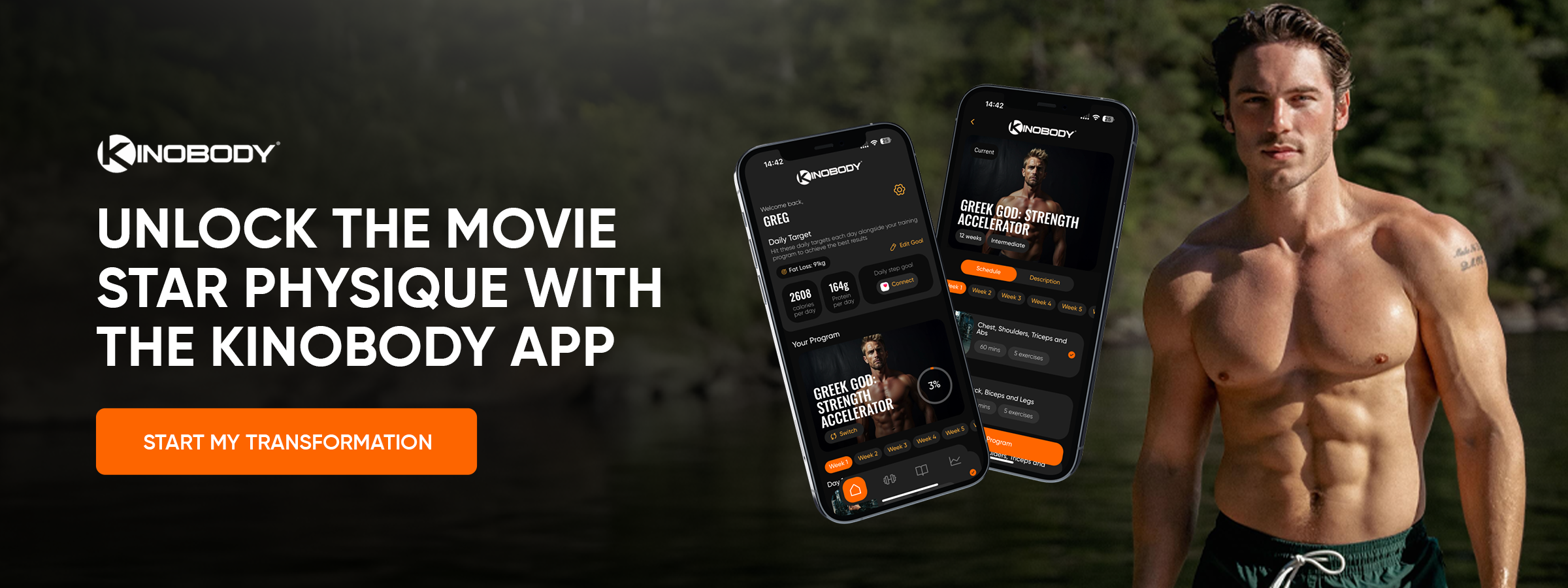 Advertisement for Kinobody app with smartphone screens and a muscular man outdoors.