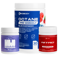 Three containers of dietary supplements including pre-workout and energy boosters.
