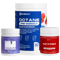 Three containers of dietary supplements including pre-workout and energy boosters.