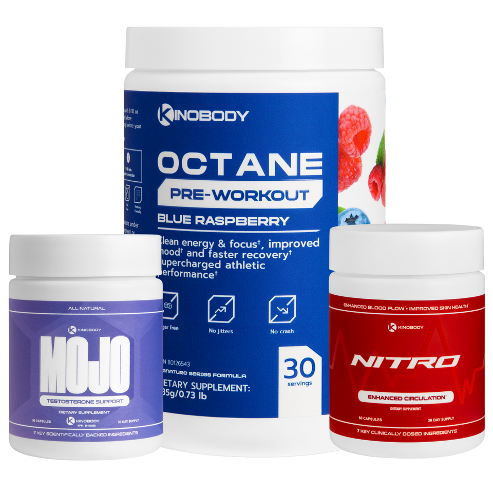 Three containers of dietary supplements including pre-workout and energy boosters.