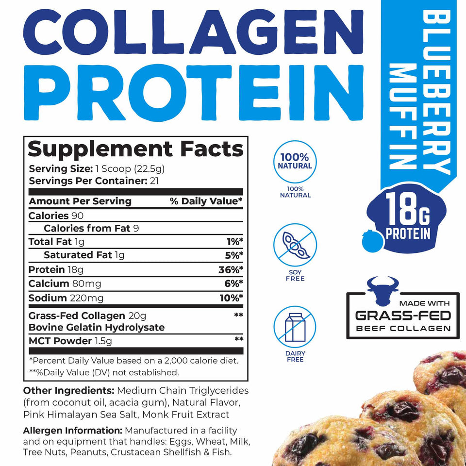 Nutrition label for Blueberry Muffin flavored collagen protein supplement.
