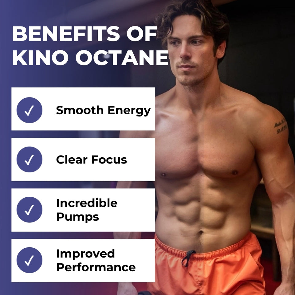 A fit man with a muscular physique promoting the benefits of Kino Octane, including smooth energy, clear focus, incredible pumps, and improved performance.