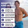 Image promoting the benefits of Kino Mojo, highlighting energy levels, muscle building, sex drive, and quality of life.