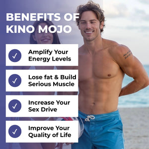 Image promoting the benefits of Kino Mojo, highlighting energy levels, muscle building, sex drive, and quality of life.