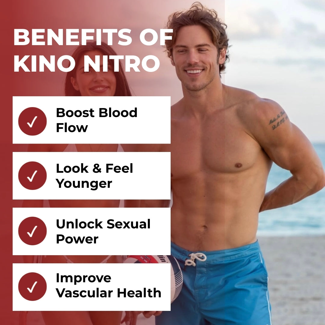 Image promoting the benefits of Kino Nitro with a list of features next to a smiling man on a beach.