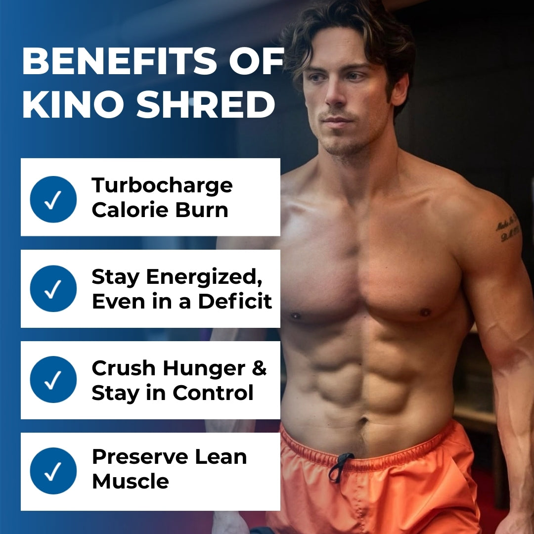 A fit man demonstrating the benefits of Kino Shred, including calorie burn and muscle preservation.
