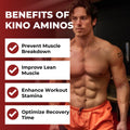 A shirtless man demonstrating fitness with a list of benefits of Kino Aminos.