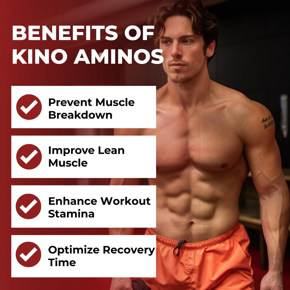 A shirtless man demonstrating fitness with a list of benefits of Kino Aminos.