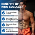 Man showcasing fitness benefits of Kino Collagen with key points highlighted.