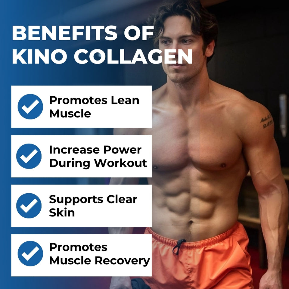 Man showcasing fitness benefits of Kino Collagen with key points highlighted.