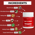 List of ingredients for a nutritional supplement including BlackVCube, Pine Bark Extract, Methyl B12, Niacin, NitroRocket, Methyl Folate, and Grape Seed Extract.