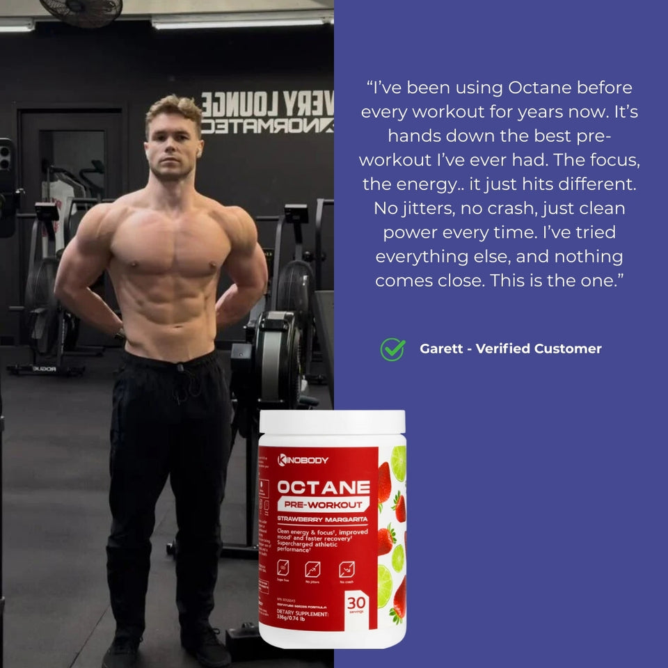 A muscular man posing in a gym with a pre-workout supplement container in the foreground.