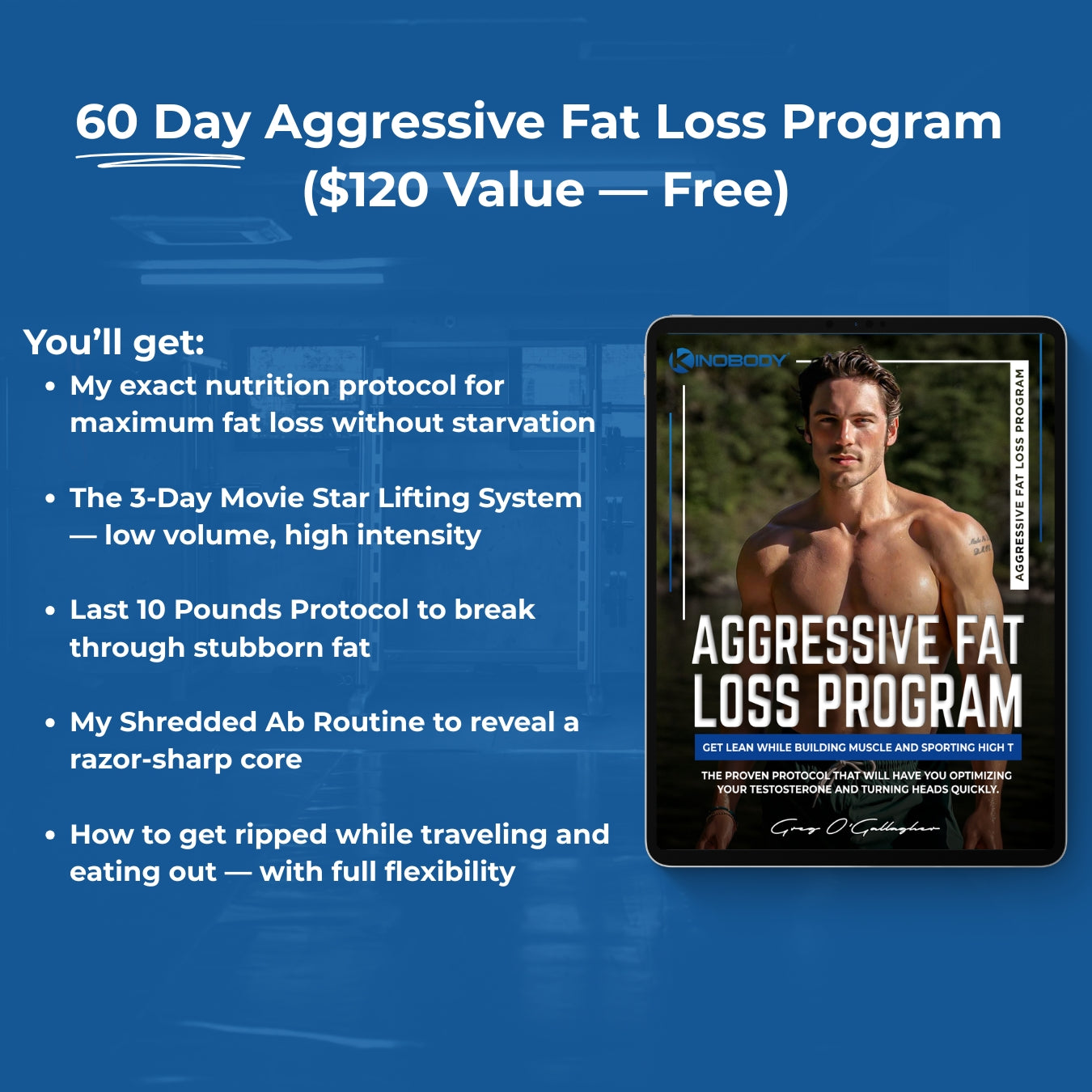 Advertisement for a 60-Day Aggressive Fat Loss Program with a man on a blue background