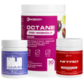 Three health supplement containers: Octane pre-workout in grape flavor, Mojo testosterone support, and Nitro for enhanced circulation.