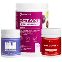 Three health supplement containers: Octane pre-workout in grape flavor, Mojo testosterone support, and Nitro for enhanced circulation.