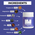 List of ingredients for the MOJO supplement including Tongkat Ali, Magnesium, Forskolin, Boron, Zinc, Vitamin D, and Vitamin K2.
