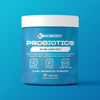 Container of Kinobody probiotics with blue packaging and health benefits listed.