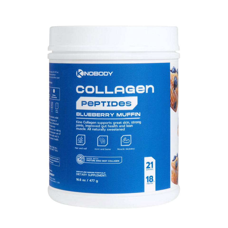 Container of collagen peptides in blueberry muffin flavor