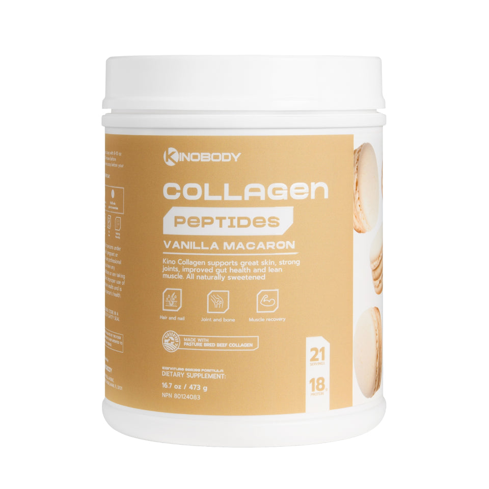 Container of collagen peptides in vanilla macaron flavor.