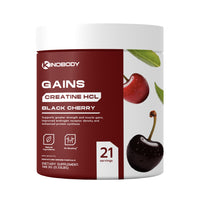 Container of Gains Creatine HCL in Black Cherry flavor with 21 servings.