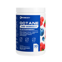 Container of pre-workout supplement in blue raspberry flavor with fruit illustrations.