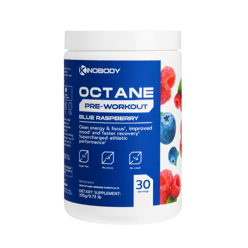 Container of pre-workout supplement in blue raspberry flavor with fruit illustrations.