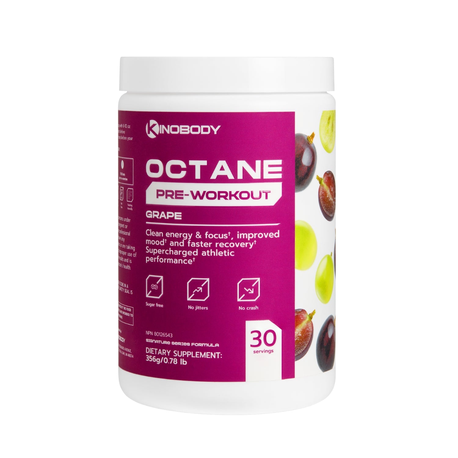 Container of Octane pre-workout supplement in grape flavor with nutritional information.