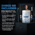 Image promoting the Shred 60 fat loss program with details on included features and a product container.