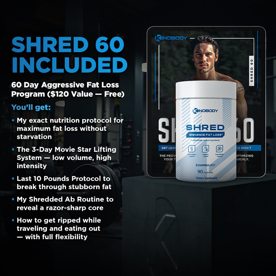Image promoting the Shred 60 fat loss program with details on included features and a product container.
