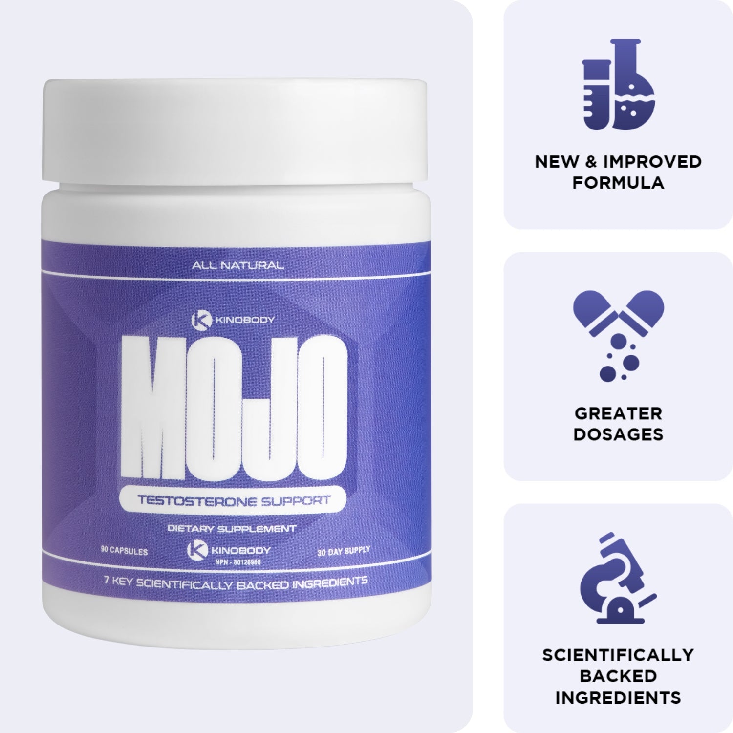 Container of Mojo testosterone support supplement with key ingredient highlights.