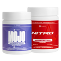 Two supplement jars labeled 'MOJO' for testosterone support and 'NITRO' for enhanced circulation.