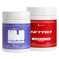 Two supplement jars labeled 'MOJO' for testosterone support and 'NITRO' for enhanced circulation.