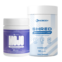 Two dietary supplement containers labeled 'MOJO' and 'SHRED' from Kinobody.
