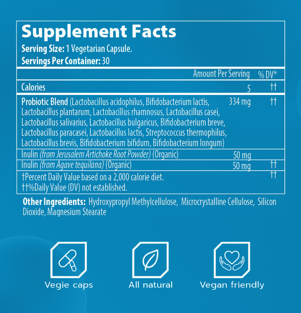 Supplement facts for a probiotic dietary supplement, listing serving size, ingredients, and additional information.
