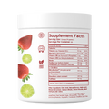 Supplement container with nutritional facts and fruit illustrations