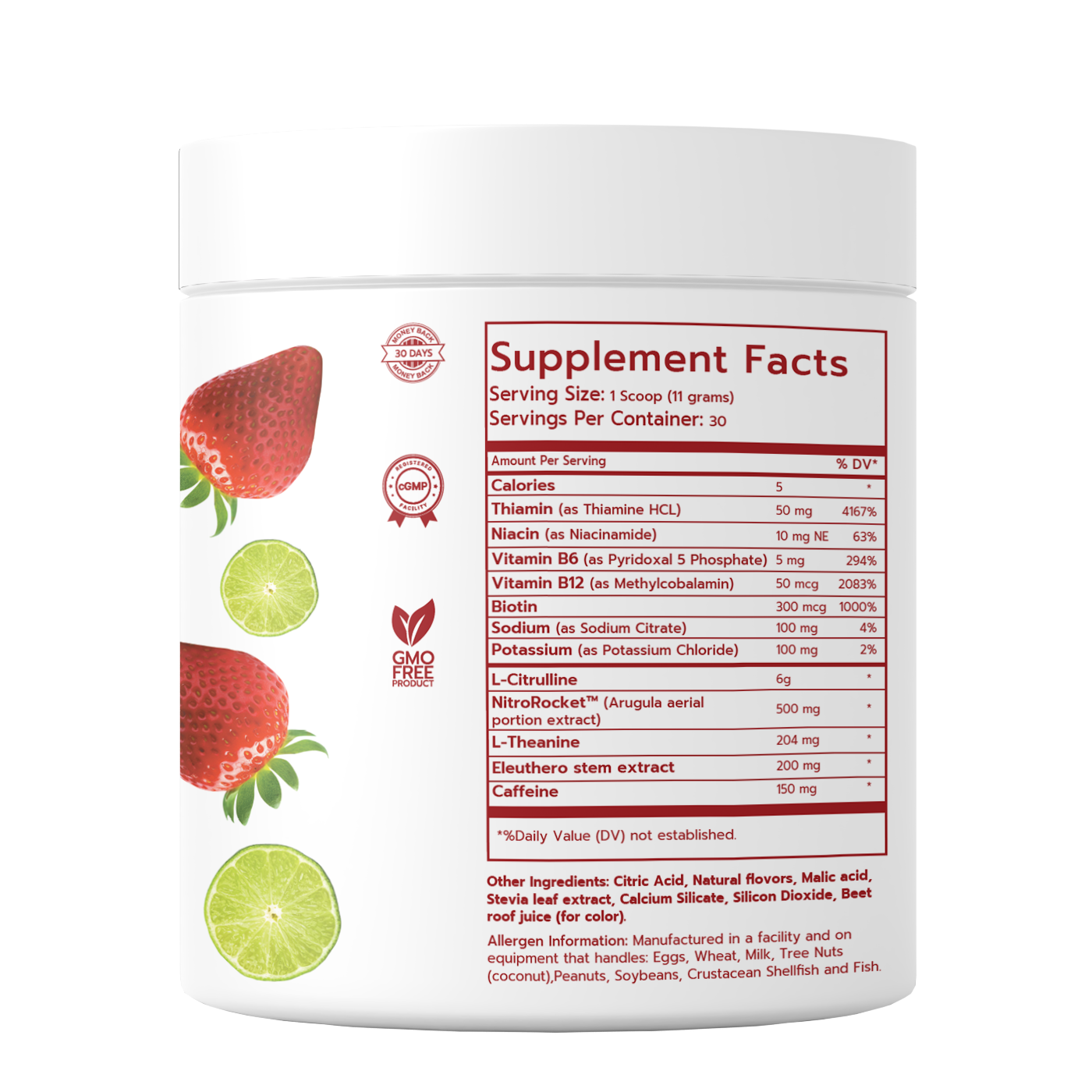 Supplement container with nutritional facts and fruit illustrations