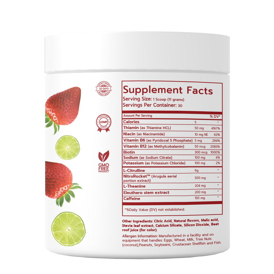 Supplement container with nutritional facts and fruit illustrations