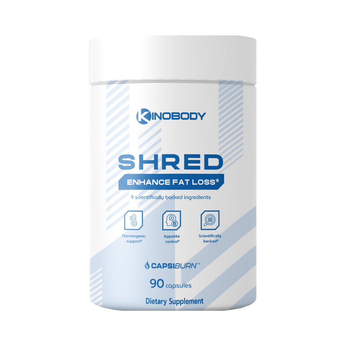 Container of Kinobody Shred dietary supplement for fat loss, containing 90 capsules.
