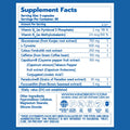 Nutritional supplement facts label with ingredients and dosage information.
