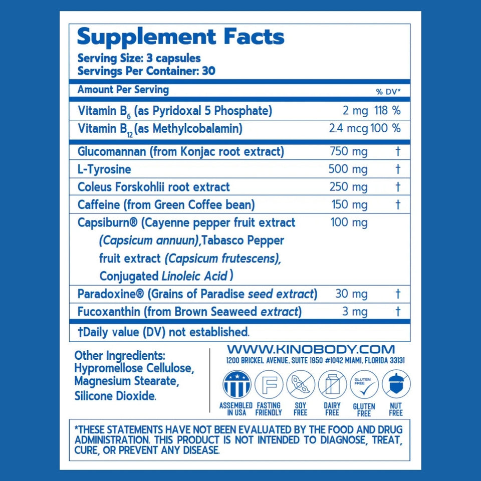 Nutritional supplement facts label with ingredients and dosage information.