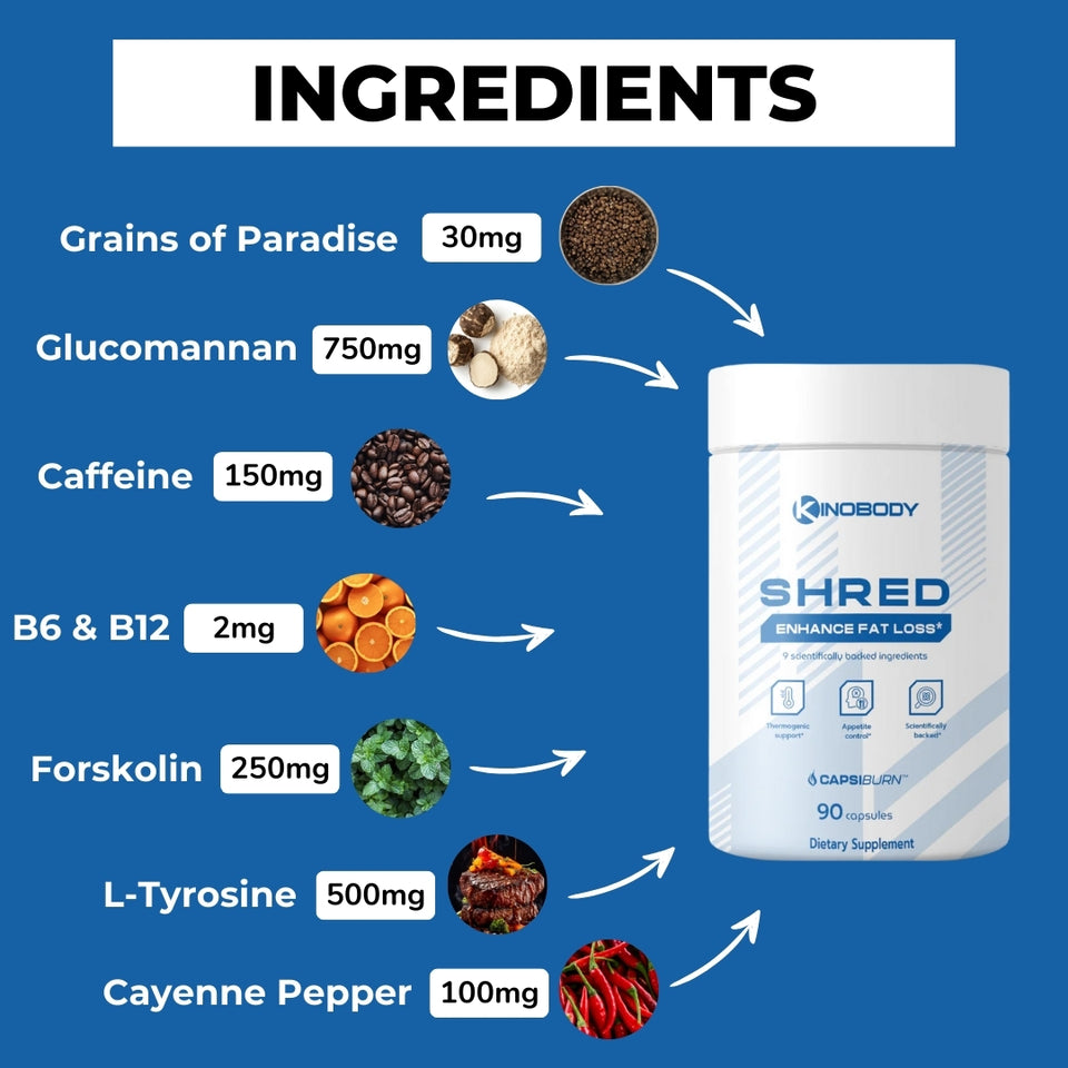 List of ingredients for a weight loss supplement including Grains of Paradise, Glucomannan, Caffeine, B6 & B12, Forskolin, L-Tyrosine, and Cayenne Pepper.