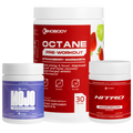 Three fitness supplement containers including pre-workout and testosterone support products.