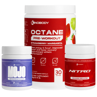 Three fitness supplement containers including pre-workout and testosterone support products.