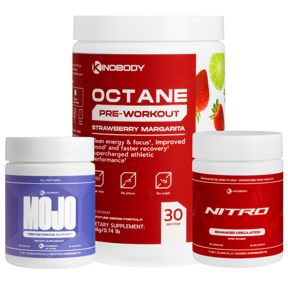 Three fitness supplement containers including pre-workout and testosterone support products.