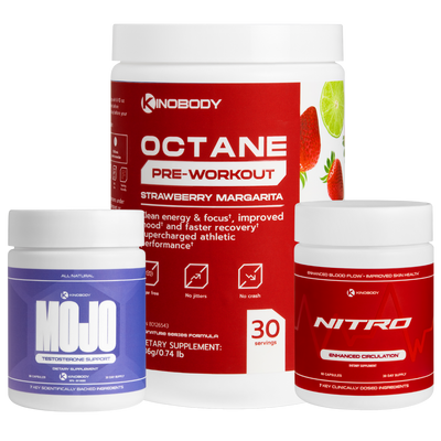 Three fitness supplement containers including pre-workout and testosterone support products.