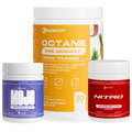 Three fitness supplement containers: Octane pre-workout, Mojo testosterone booster, and Nitro circulation enhancer.
